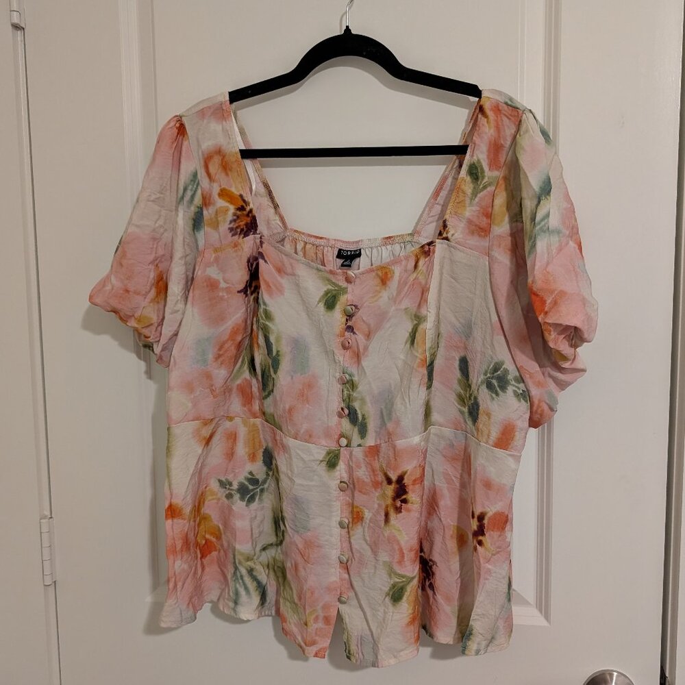 Torrid Washed Florap Peplum Square Neck Top Size 2XL Puff Sleeve Blouse